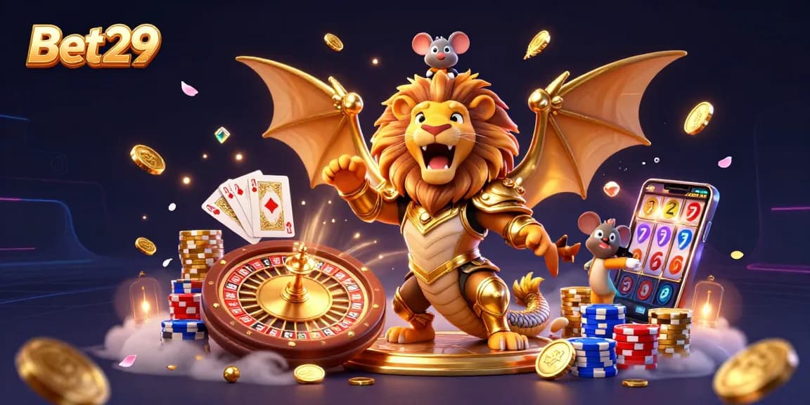 Experience the thrill of Bet29 with a dynamic scene featuring cartoon characters, casino elements, and vibrant energy.