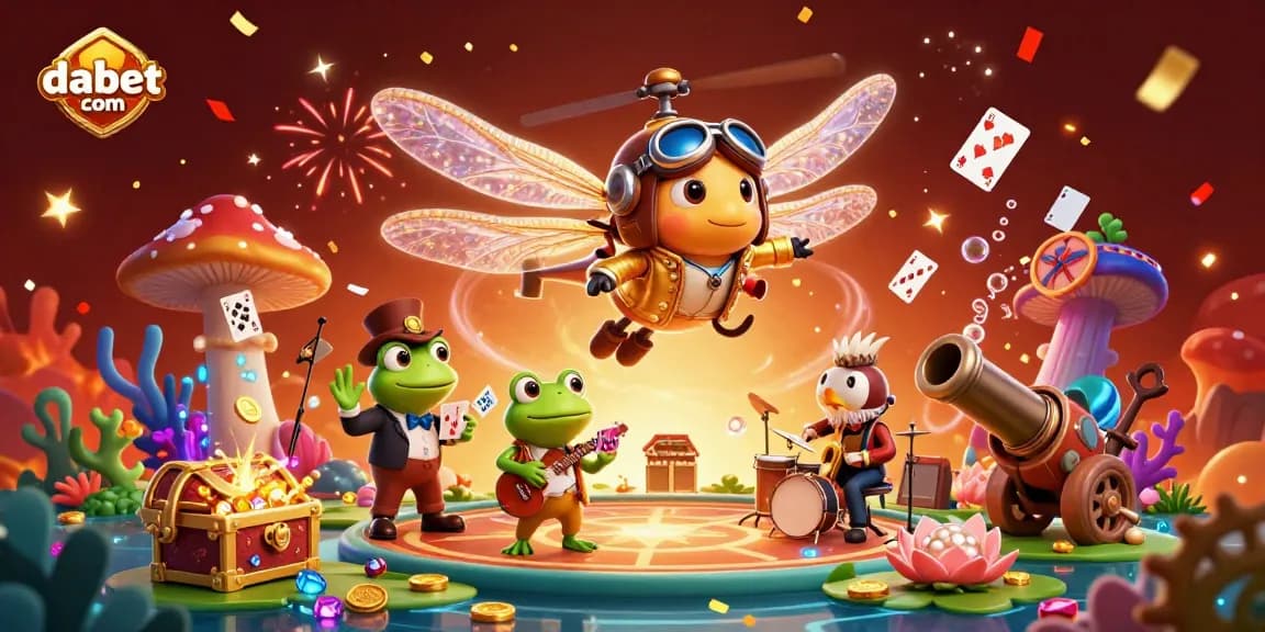 Experience excitement with dabet com in a vibrant 3D casino illustration featuring a dragonfly pilot and frog croupier.