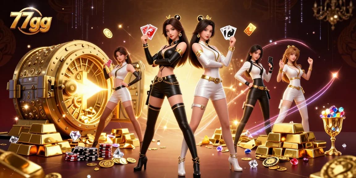 Explore 77gg's thrilling gaming experience with powerful twin women holding playing cards.