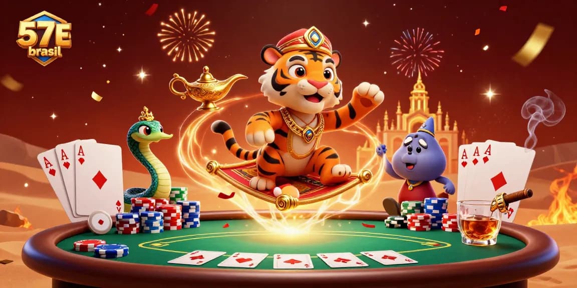 Engage in thrilling 57E brasil casino adventures with a magical tiger sultan, poker chips, and vibrant atmosphere.