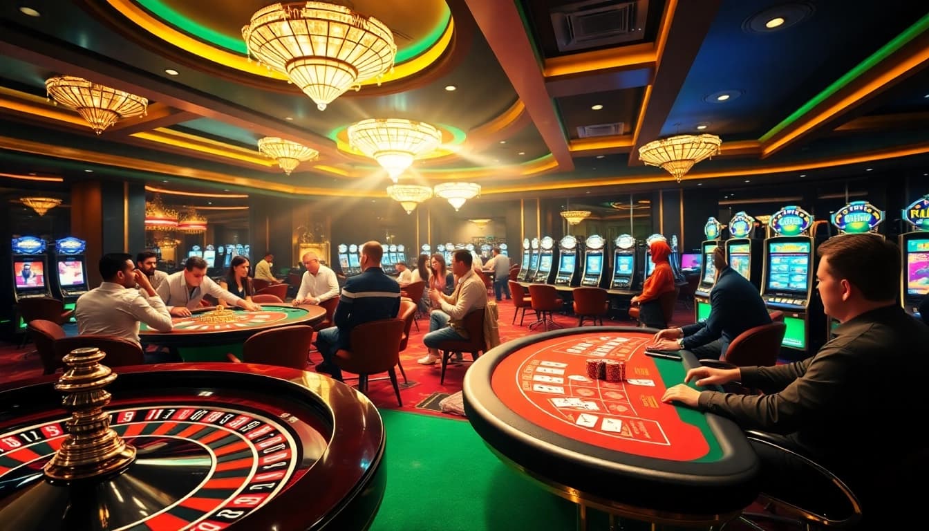 Players experience thrilling gaming action at mb66 casino with vibrant tables and slot machines.