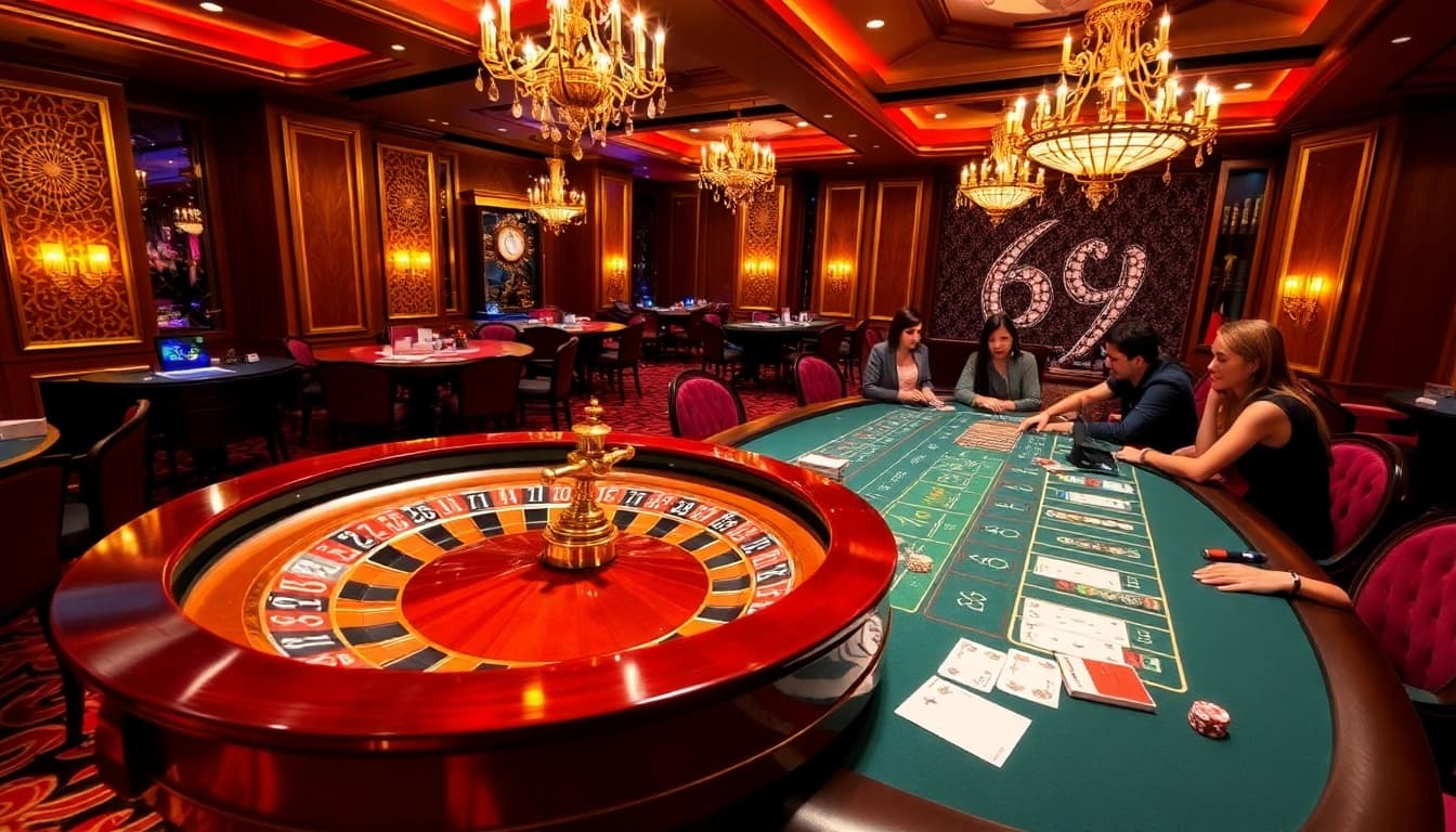 Experimente a emoção do 69Y em uma mesa de cassino luxuosa com fichas de pôquer e cartas.