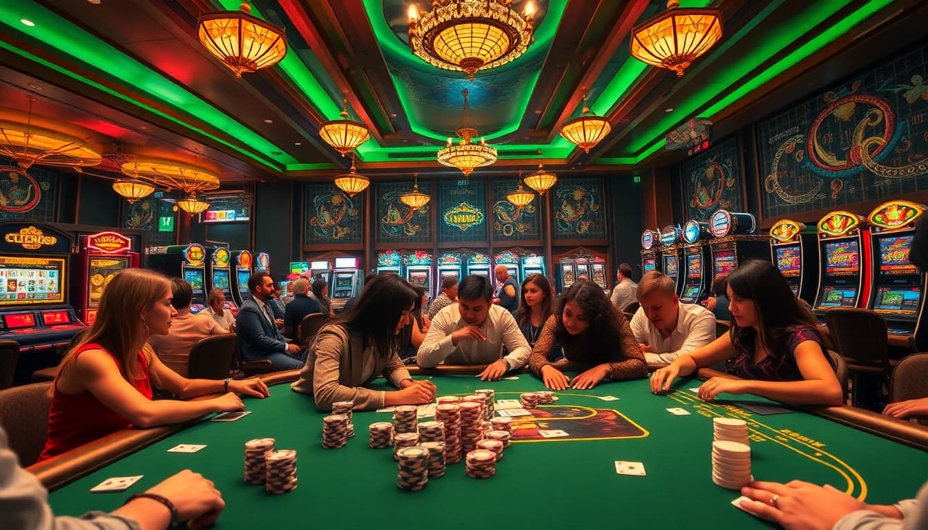 Players engage in thrilling gameplay at a luxury casino featuring 7m poker chips and vibrant slot machines.
