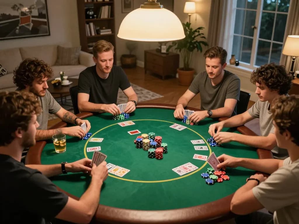 Friends engaging in a thrilling poker game at home, showcasing an exciting moment with 399w gaming elements.