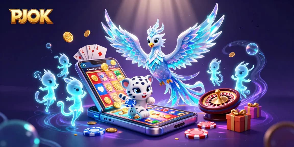 PJOK brings exciting casino fun with a cartoon ice phoenix and playful snow leopard amid vibrant gaming action.