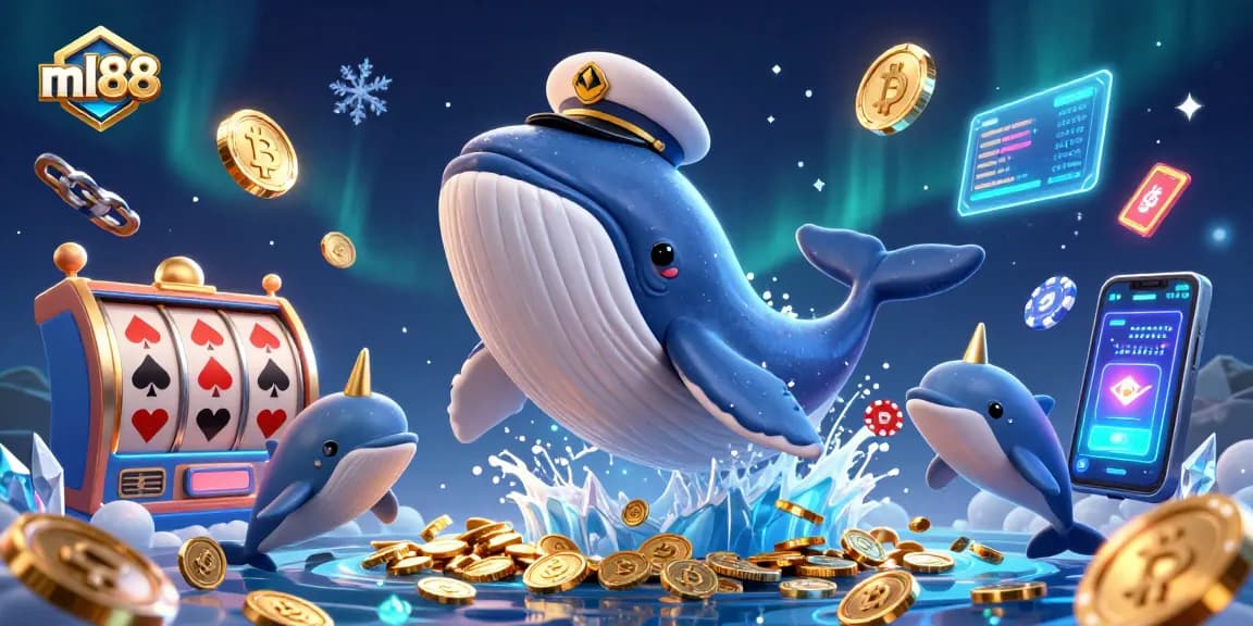 Spin reels and win big with ml88, showcasing vibrant casino elements and playful sea characters.