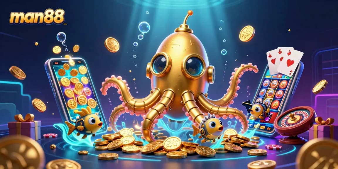 Exciting man88 casino scene showcasing a golden kraken submarine amidst treasures, capturing engaging gameplay moments.