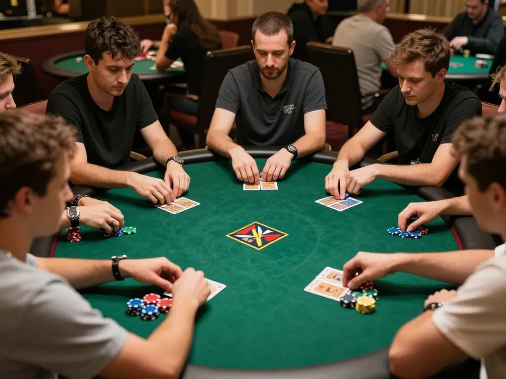 Engaged players at 559X Cassino enjoying a competitive poker game with chips and cards in action.