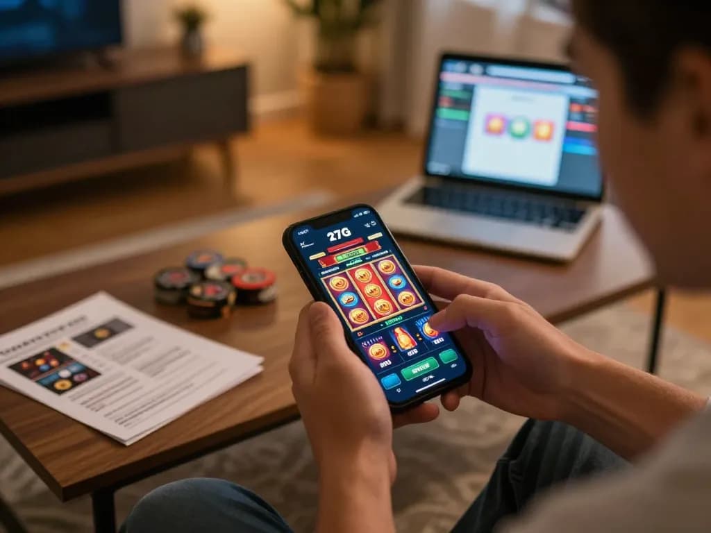 Playing on the 27G casino app in a cozy living room with strategy notes nearby