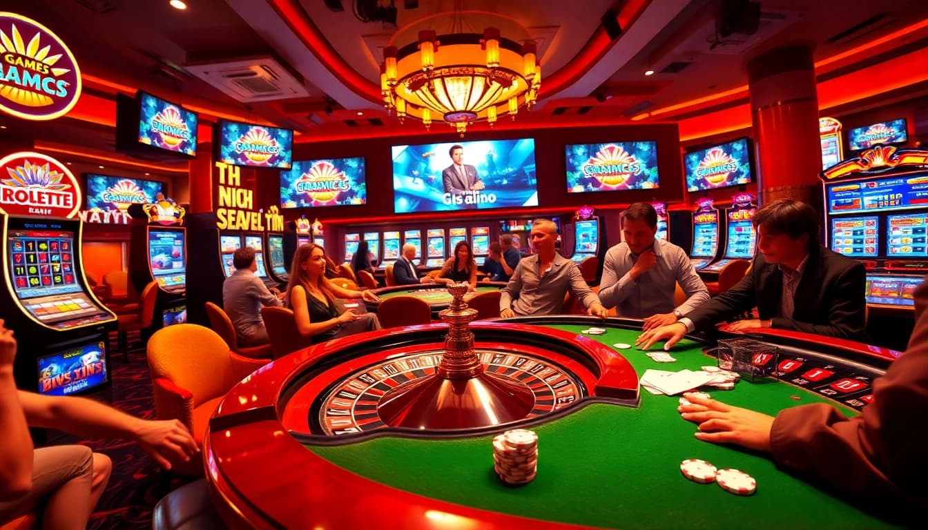 Apostadores aproveitando jogos de cassino com alta taxa de ganho em uma cena vibrante de cassino com máquinas caça-níqueis e mesas de pôquer.