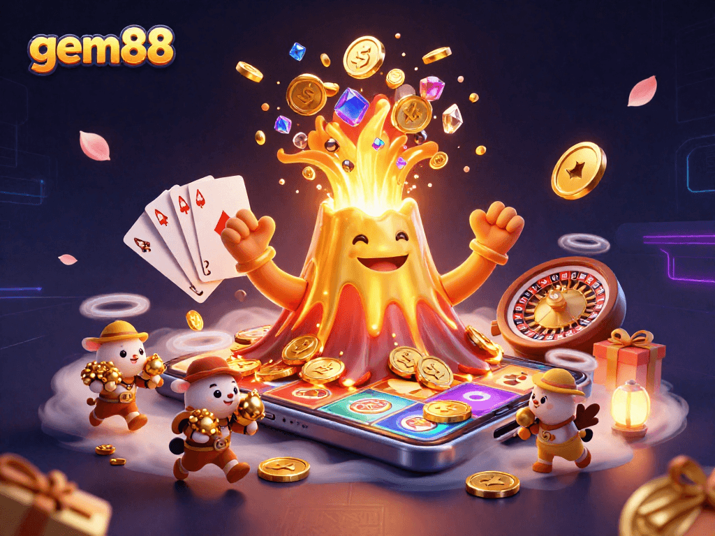 Spin and win at gem88 with vibrant casino-themed 3D illustration showcasing excitement and treasure.