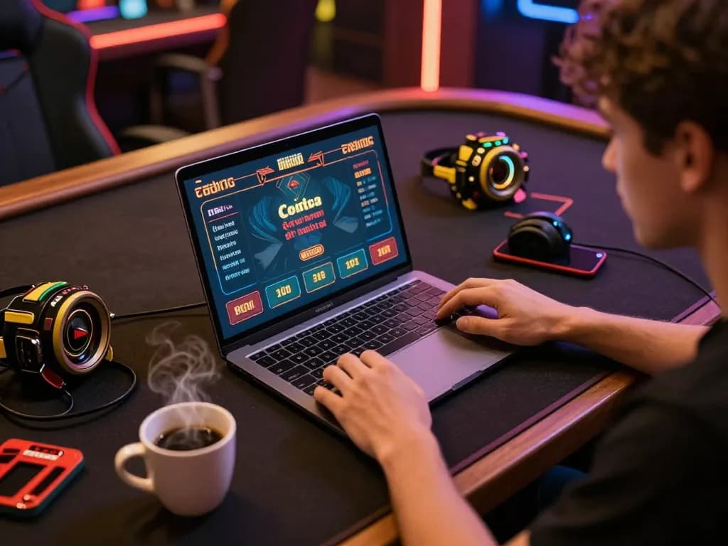 Player engaging in trực tiếp đá gà thomo hôm nay on a laptop in a warm and vibrant gaming setup.