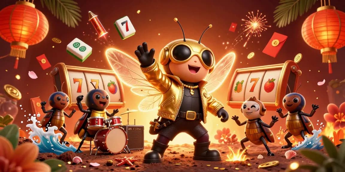Experience thrilling gameplay at tại sunwin with a vibrant scene featuring a cicada rock star and festive casino elements.