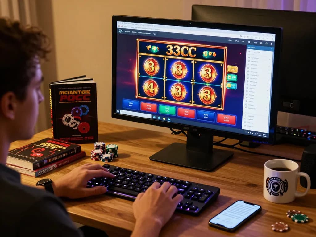 Engaging with a 33CC slot machine online, showcasing an immersive home gambling experience