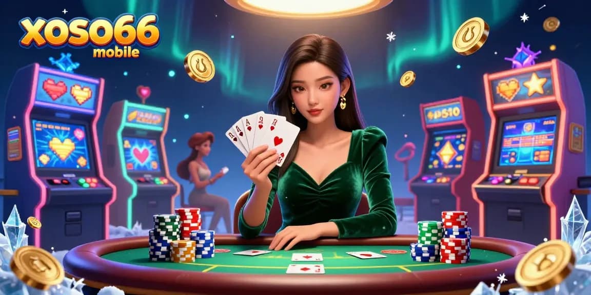 Experience exciting games with xoso66 mobile as a beautiful woman plays poker at a luxury table.