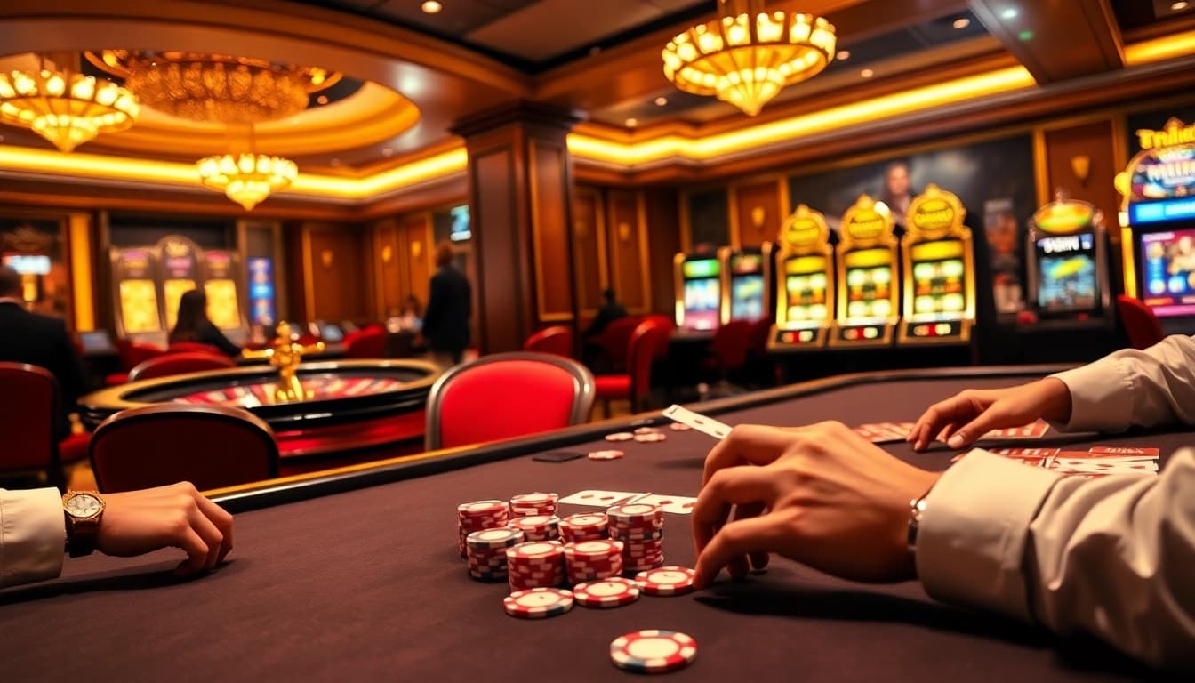 Desfrute de jogos emocionantes na AA888 com uma cena de cassino de luxo apresentando poker e roleta.