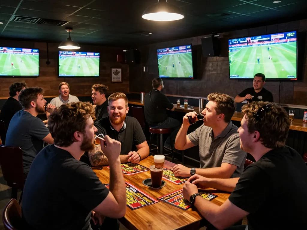 Soi kèo bóng đá in a lively sports bar atmosphere, with fans actively engaging in bets during thrilling matches.