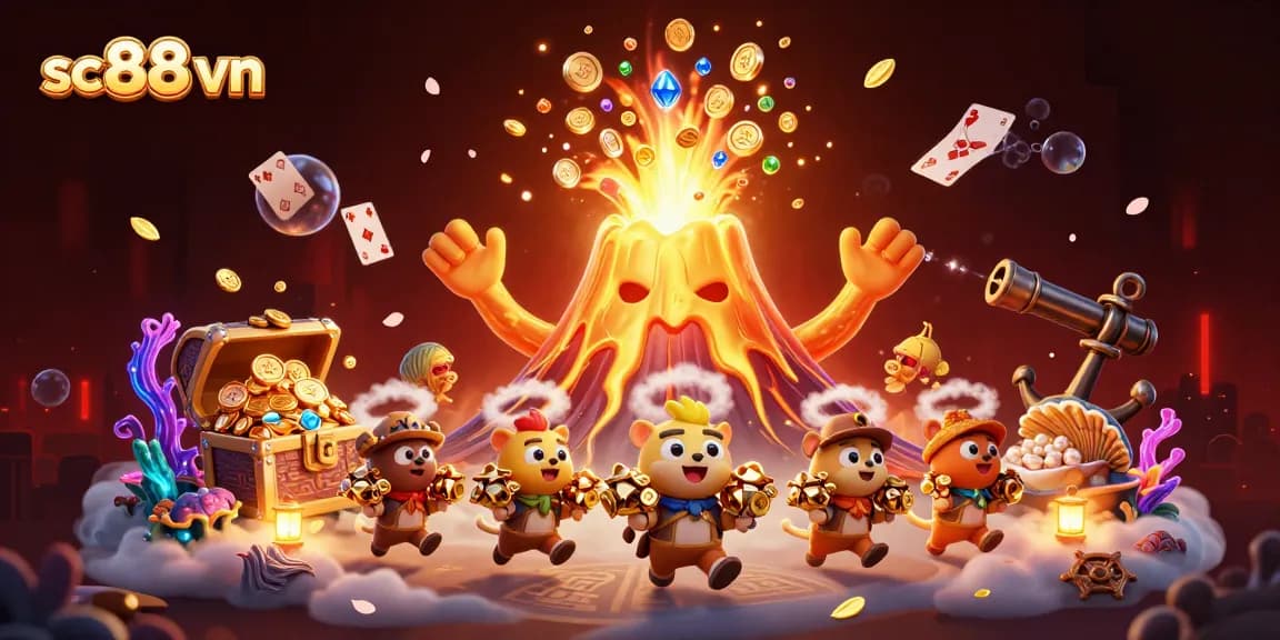 Engage in thrilling gameplay at SC88 vn, featuring a golden volcano erupting treasure amidst vibrant casino elements.