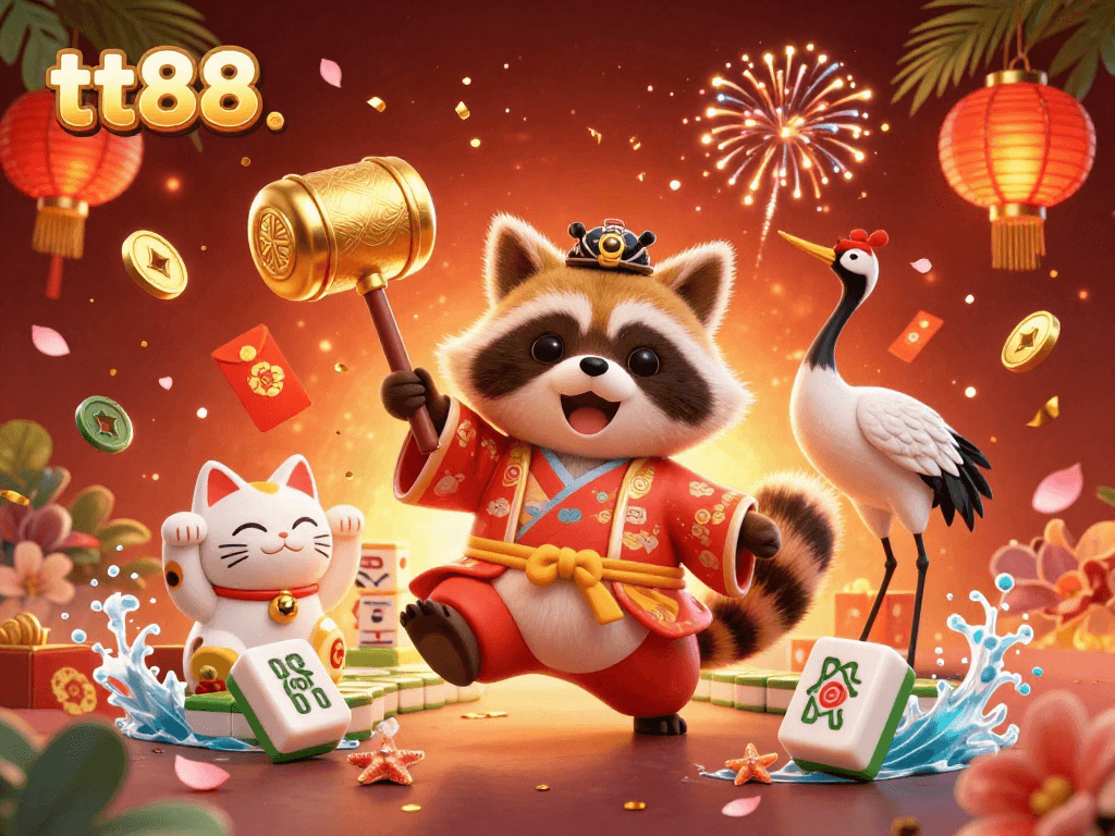 Engage with the vibrant world of tt88 through a magical 3D illustration showcasing festival characters, rich casino elements, and festive decor.
