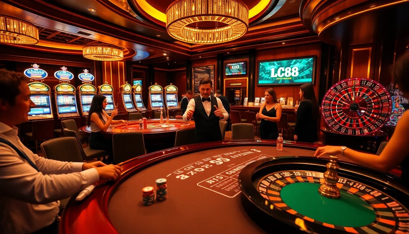 Exciting players engaged at a high-stakes poker table in the luxurious LC88 com online casino environment.