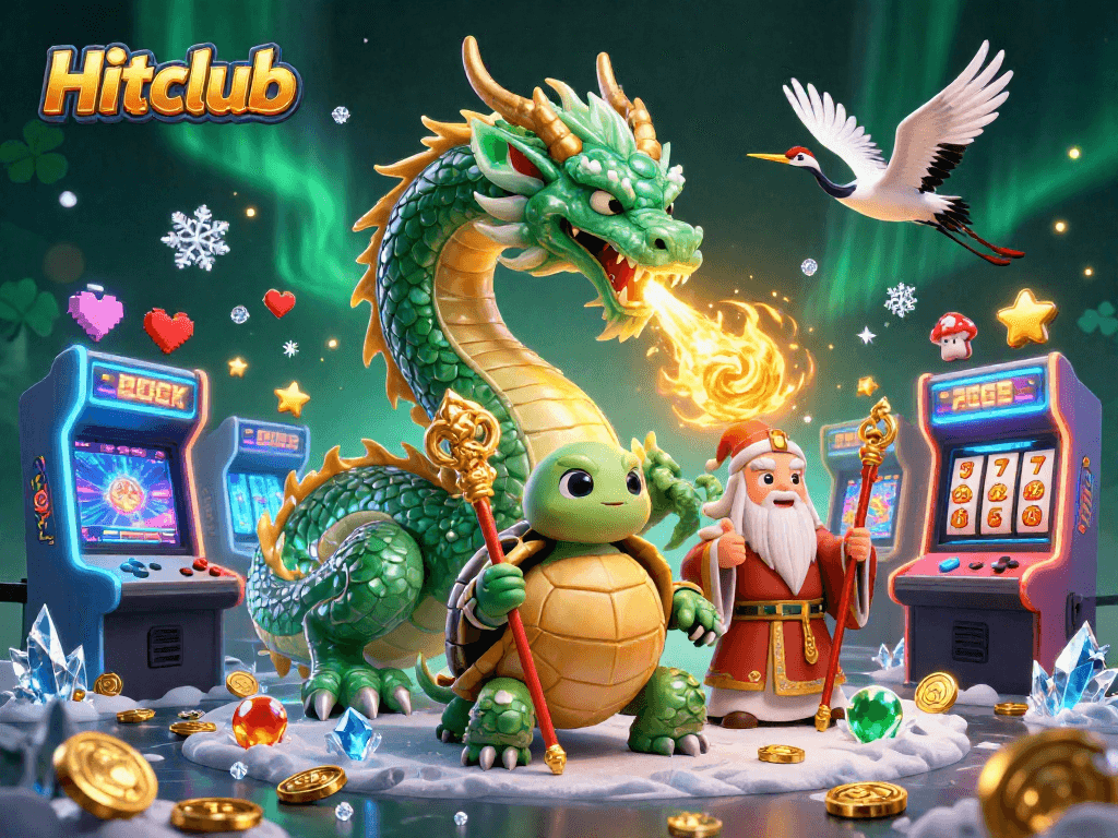 Experience Hitclub's world with a vibrant casino scene showcasing iconic gaming elements and characters.