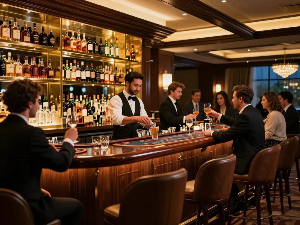 va88 patrons enjoying drinks at a luxury casino bar, engaging in strategic gambling conversation.