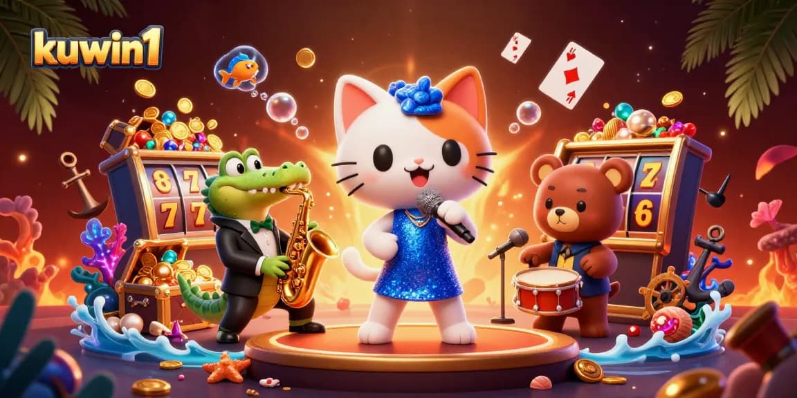 Kuwin1 promotional illustration showcasing a lively casino scene with characters engaging in vibrant gameplay.