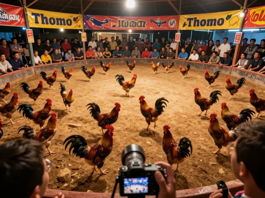 Engaging scene of lively đá gà thomo competition with colorful roosters in action.