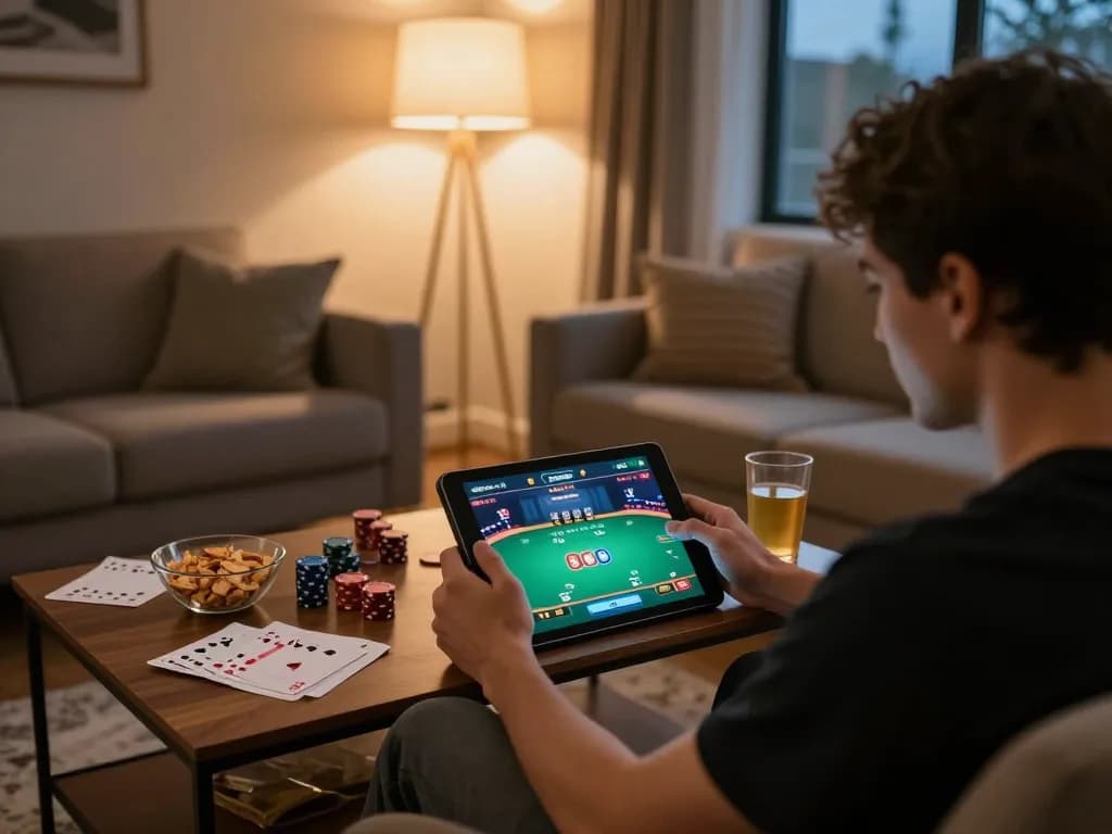Engaging gameplay on 22ff poker app highlights strategic decisions in cozy home setting.