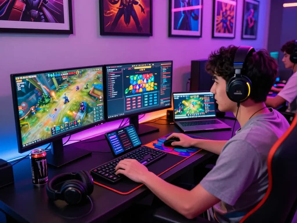 Exciting gaming setup featuring nhà cái tr88 interface on monitors, vibrant workspace atmosphere.