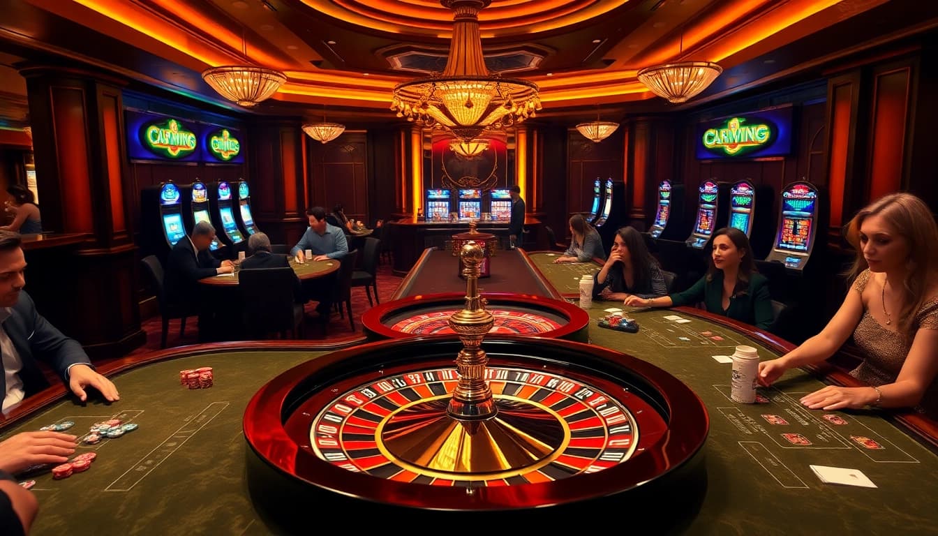 Experience the thrill of betting at sunwin with players strategizing at a glamorous casino.