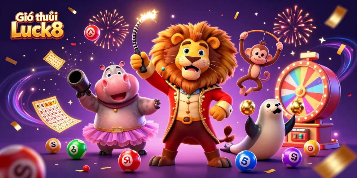 Engage with Giới thiệu Luck8 featuring a lively casino scene with colorful lottery elements and characters.