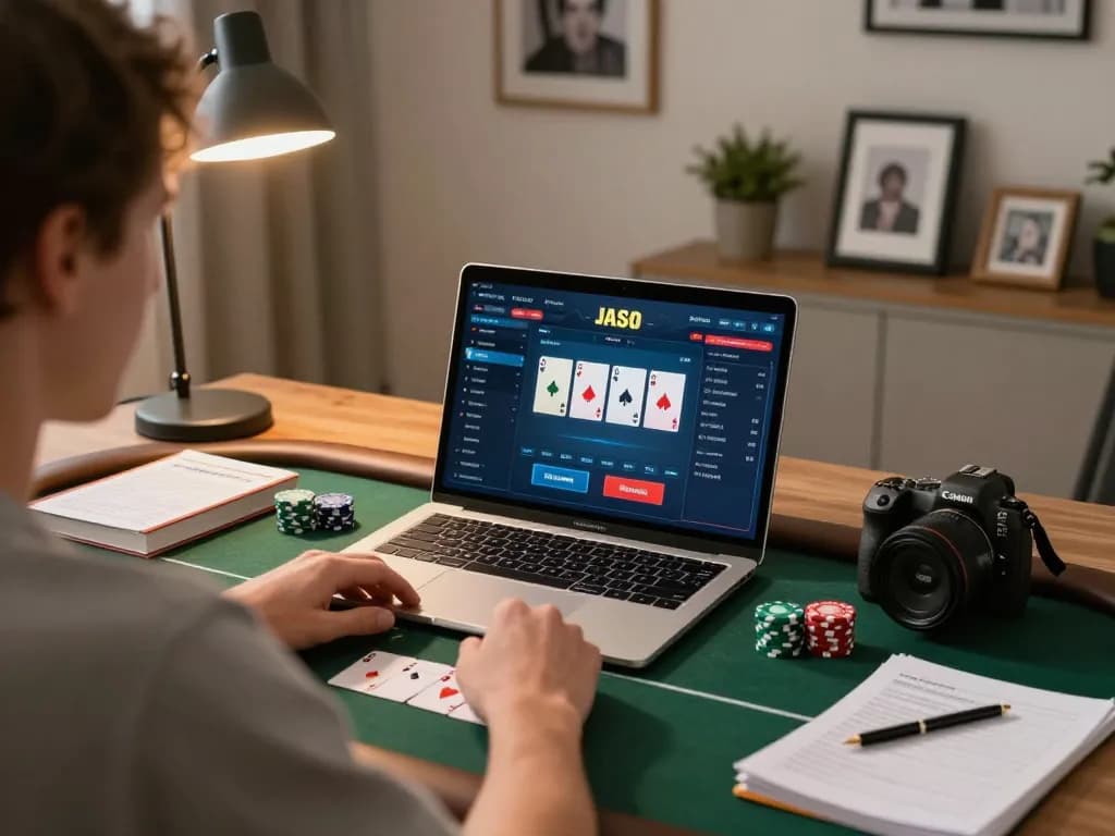 Jogador da AAVIP estudando estratégias de poker em um laptop em um ambiente aconchegante em casa