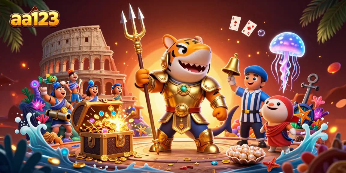 Experimente jogos emocionantes no aa123 com um gladiador tubarão em desenho animado e elementos vibrantes de cassino.