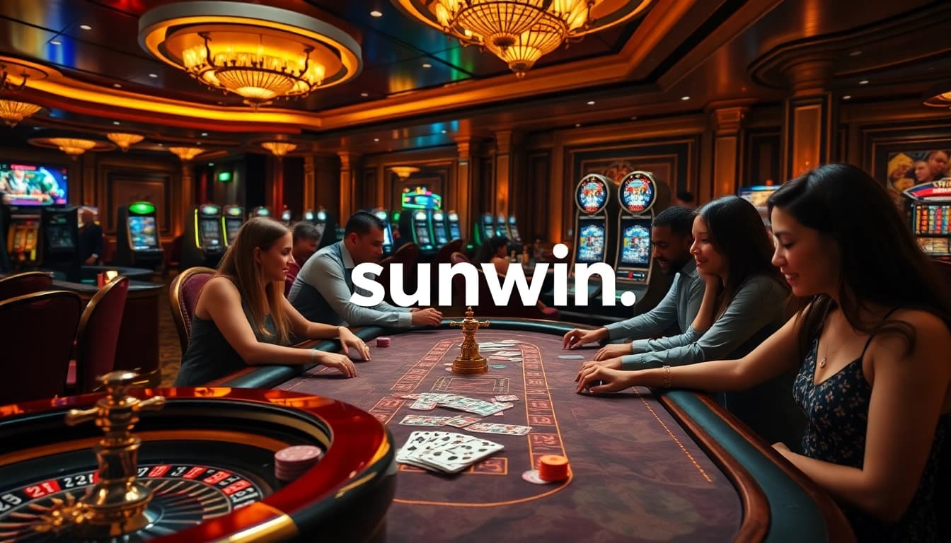 Experience thrilling gameplay at Sunwin with vibrant casino tables and engaging gamblers.