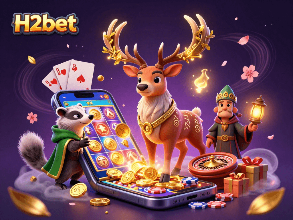 Engaging 3D illustration of H2bet highlighting a druid stag, exciting casino elements, and enchanting atmosphere.