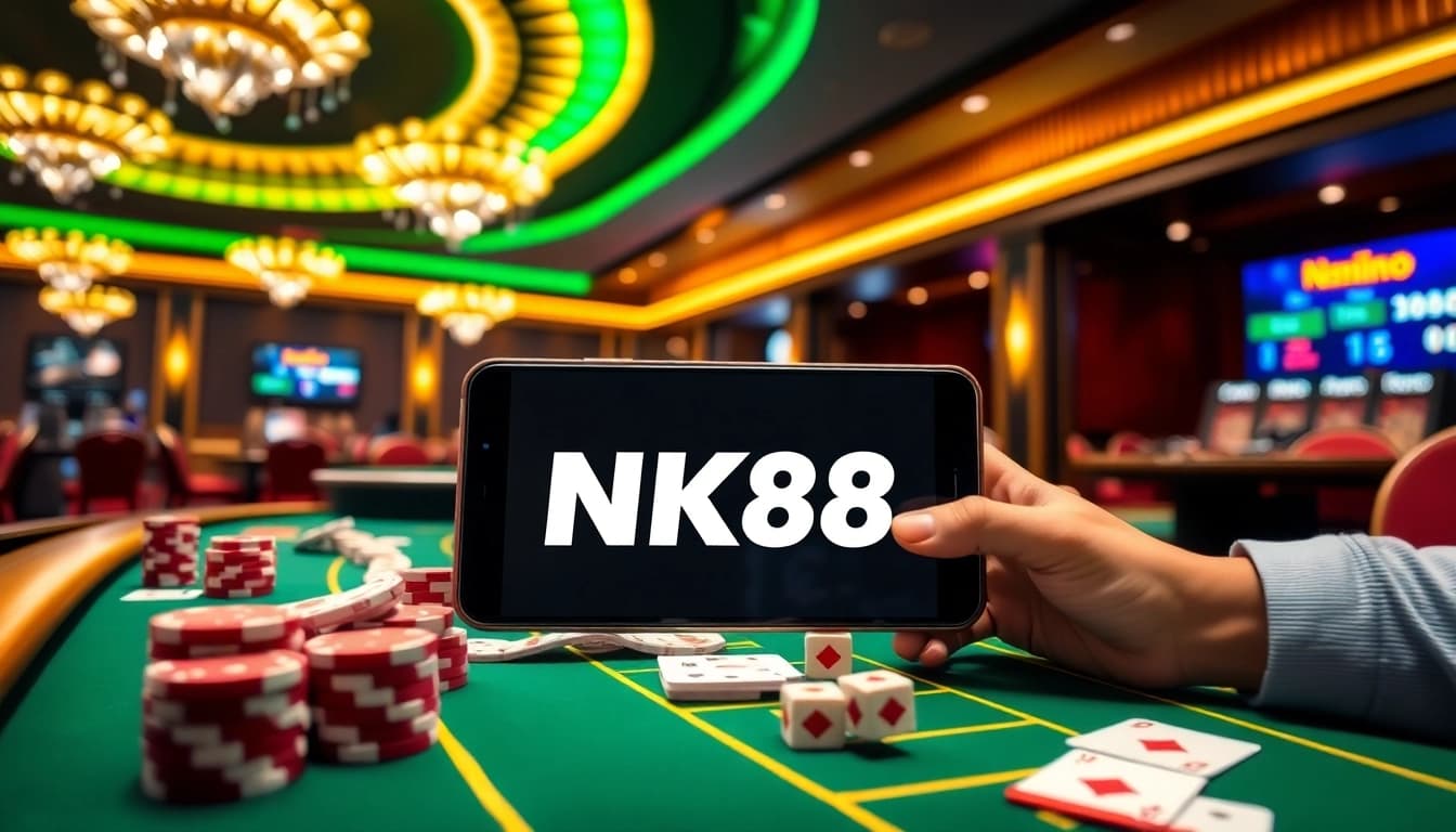 Players enjoying a thrilling online gambling experience with NK88 branding in a luxurious casino setting.