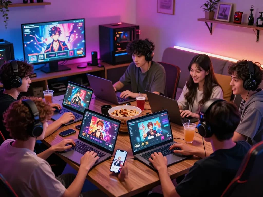Players enjoying an adult game on various devices in a lively gaming lounge atmosphere.