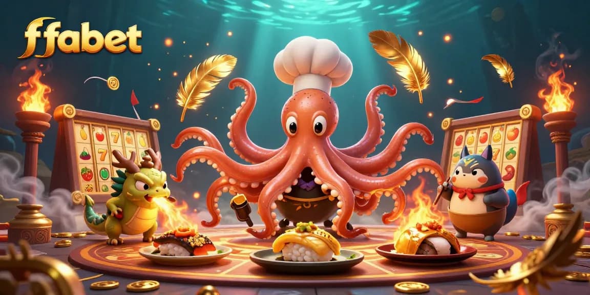 Experience thrilling gameplay with fabet featuring a sushi chef octopus and dragon amidst dynamic casino elements.