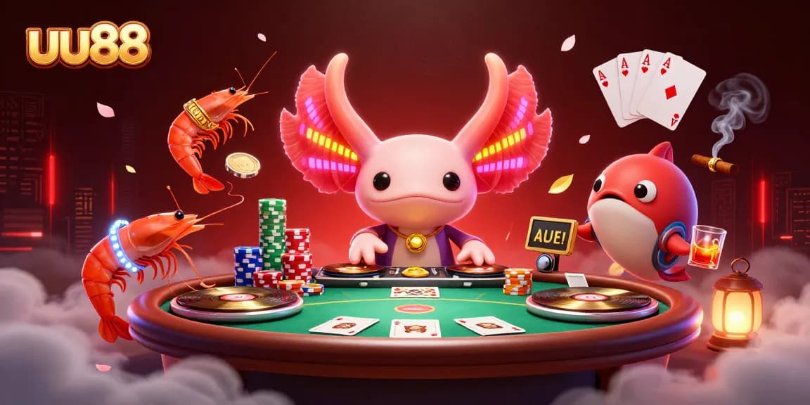 Experience the excitement of uu88 with a vibrant 3D casino illustration showcasing a neon axolotl DJ, poker chips, and casino elements.