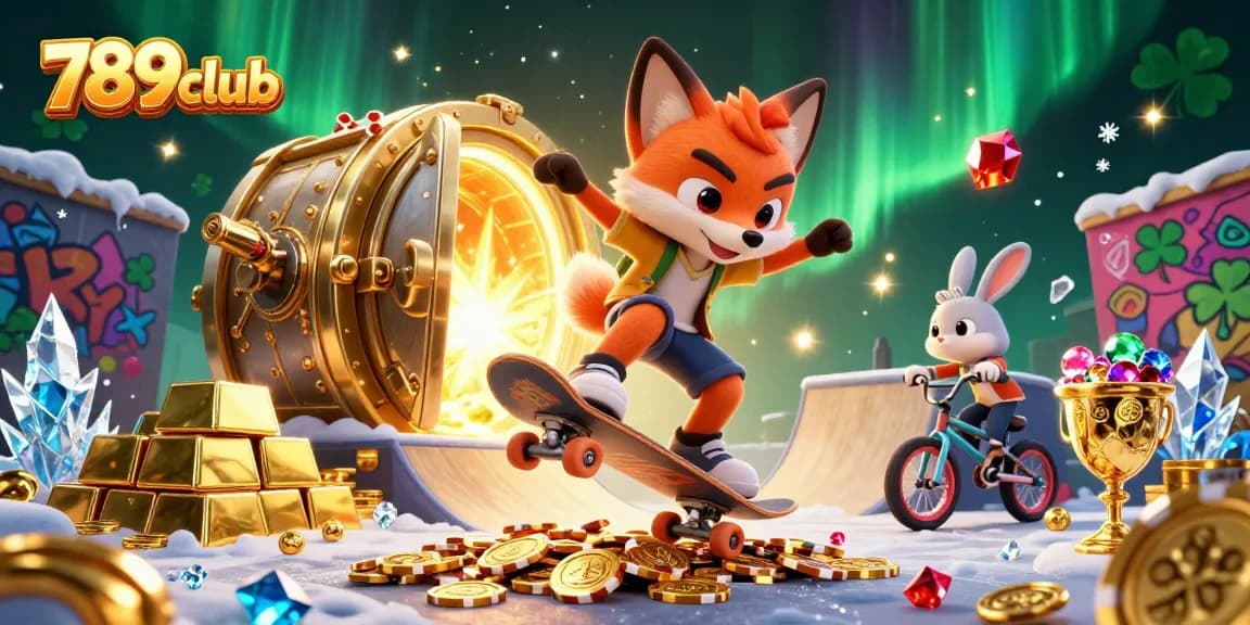Join the fun at 789club as a skateboarder fox performs tricks amidst a treasure-filled casino landscape.