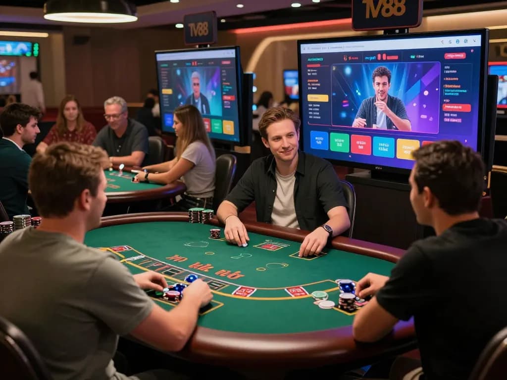 Engaging players at TV88 enjoying live dealer blackjack in a vibrant online casino.
