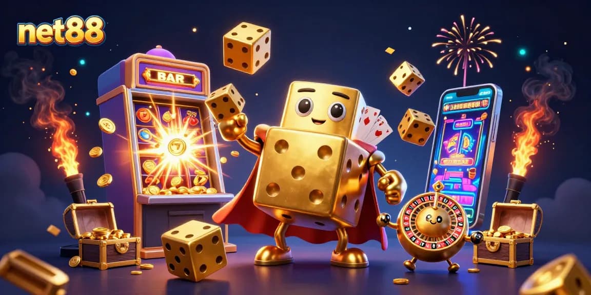 Experience net88's excitement with a dazzling scene of golden dice and spinning slot machines.