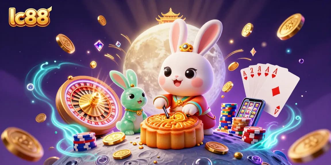 Experience the excitement of lc88 with a whimsical moon rabbit illustration, revealing poker chips and vibrant casino elements.