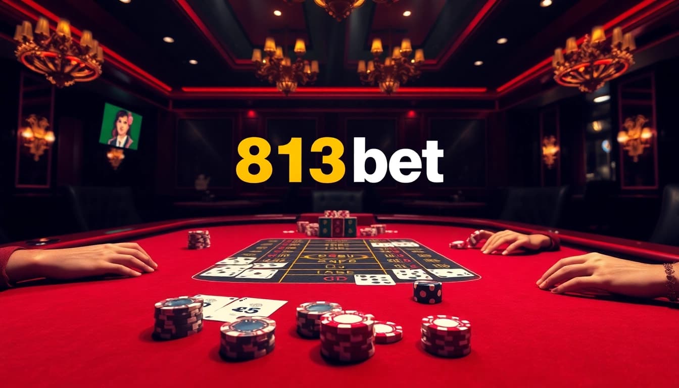 Layout de cassino envolvente exibindo o logotipo 813bet com jogadores na mesa de apostas.
