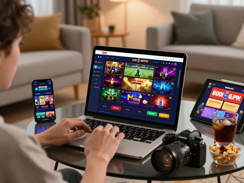 nk88 nhà cái uy tín depicted in a cozy living room with interactive online gambling setup featuring various games and promotions.