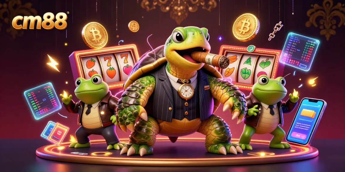 Experience thrilling slot action with cm88's vibrant 3D casino illustration featuring a turtle mobster.