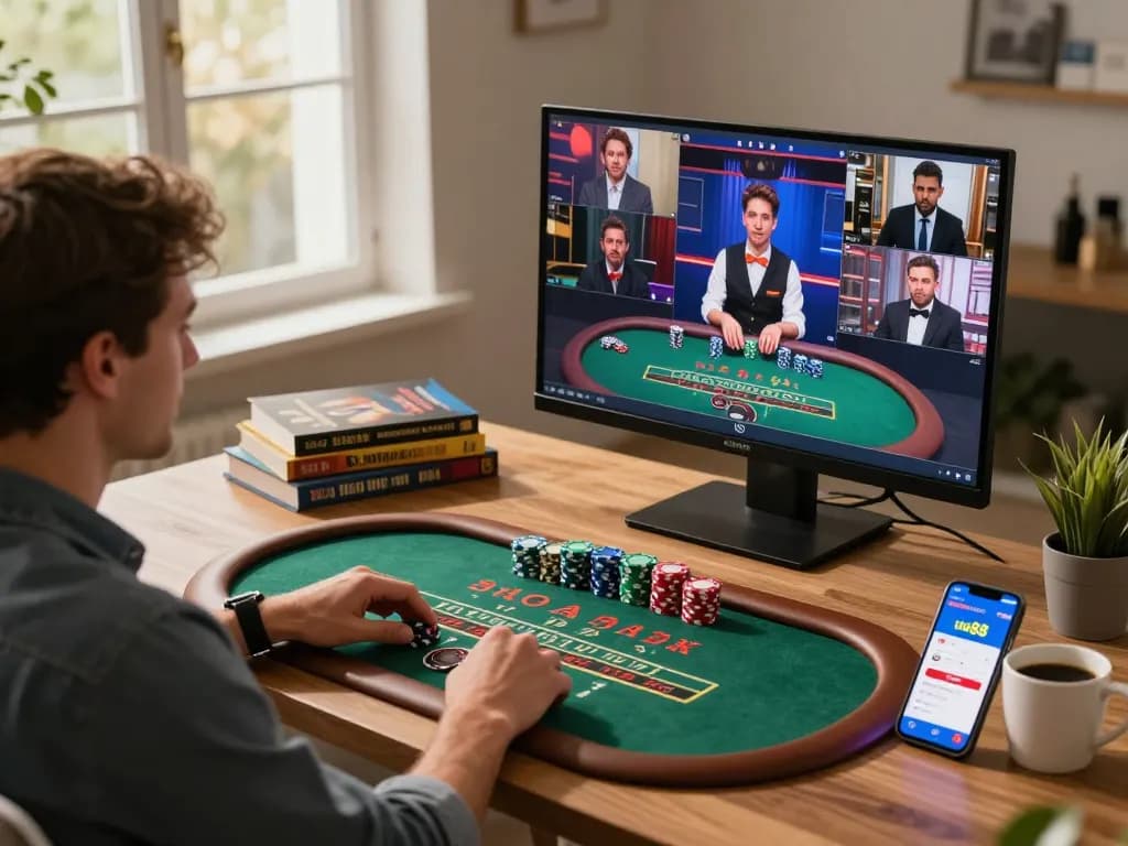 Player enjoying live blackjack on uu88 betting app at home with strategic insights.