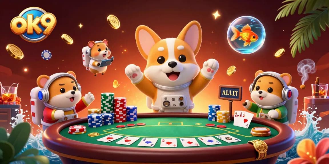 ok9 casino adventure with a floating corgi, hamster, and goldfish among poker chips and cards.