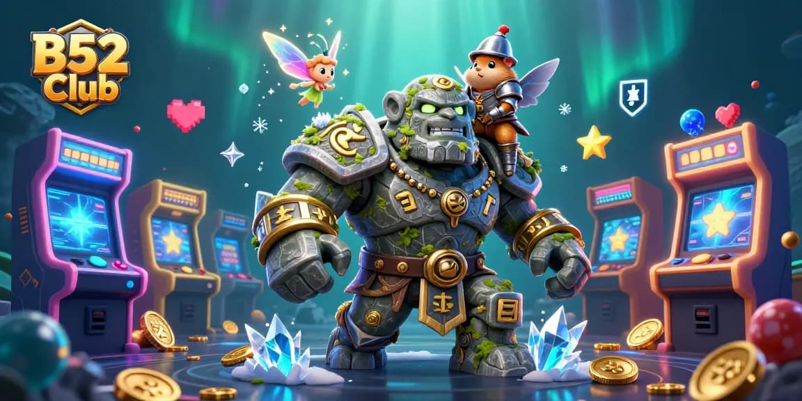 B52 Club promotes exciting gameplay with a lively golem guardian, a fairy, and a hamster knight amidst vibrant casino elements.